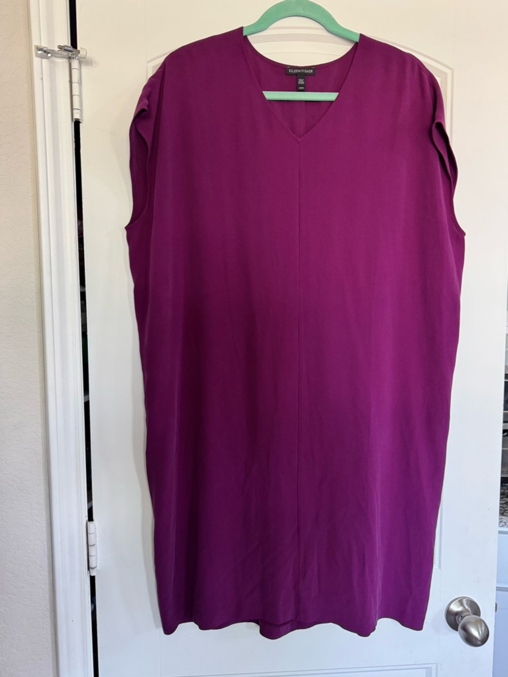 Eileen Fisher 100% Silk High V-Neck Sleeveless Shift Dress in Vibrant Purple